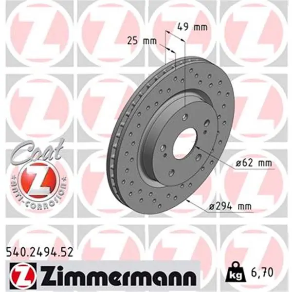Disco de freno eje delantero (Gama SPORT COAT Z) ZIMMERMANN 540249452 Disponible Ahora