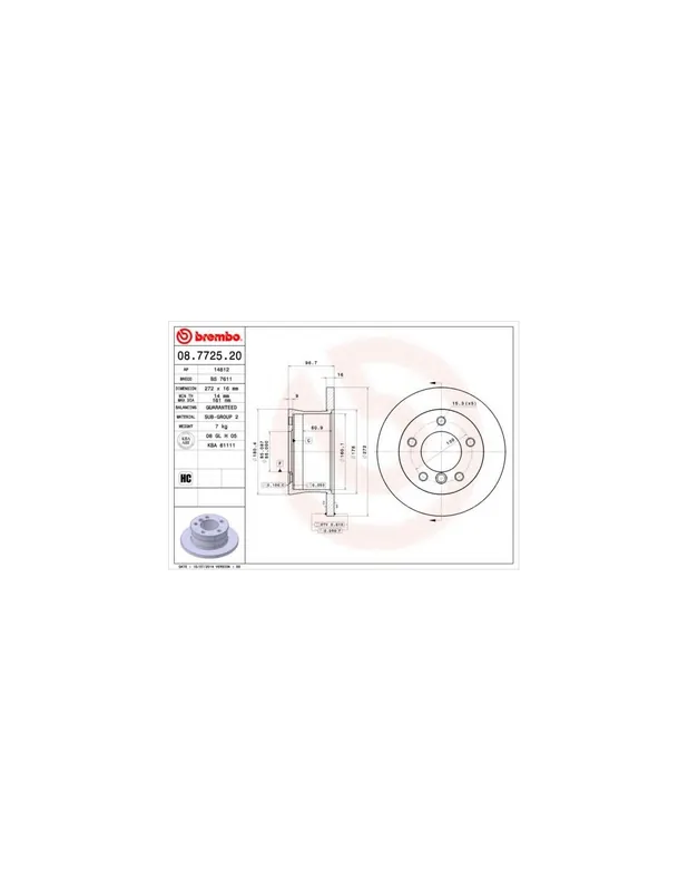 Artesanal DISCO DE FRENO 1 UNID. X CAJA 08.7725.20 BREMBO - VW LT Mk II Furgón (2DA, 2DD, 2DH) - Eje trasero