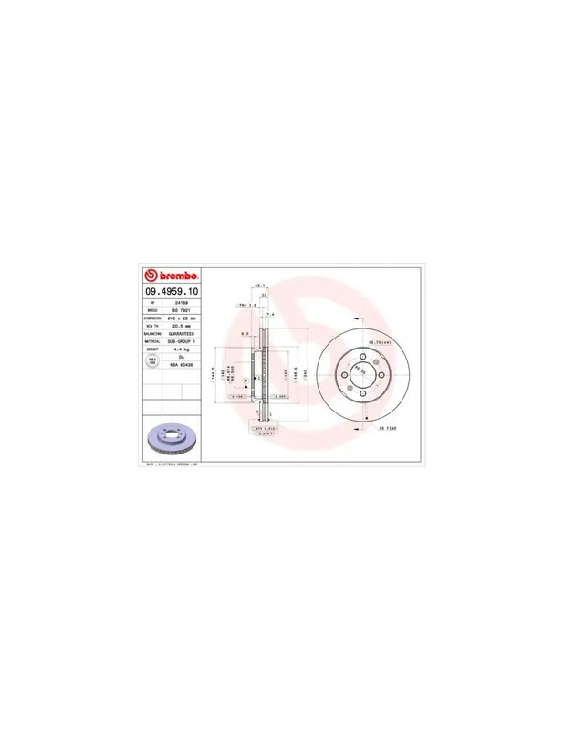 DISCO DE FRENO 2 UNID. X CAJA 09.4959.10 BREMBO - ROVER MONTEGO Break (XE) - Eje delantero Garantía De Devolución De Dinero