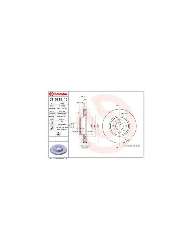 Solo Hoy DISCO DE FRENO 2 UNID. X CAJA 09.5215.10 BREMBO - LANCIA THEMA (834) - Eje delantero