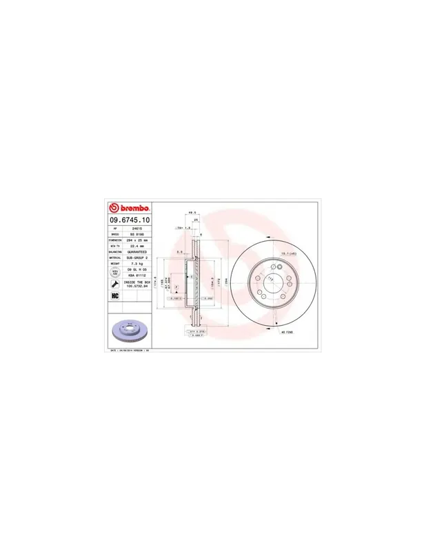 Solo Por Tiempo Limitado DISCO DE FRENO 2 UNID. X CAJA 09.6745.10 BREMBO - MERCEDES-BENZ CLASE E Descapotable (A124) - Eje delantero