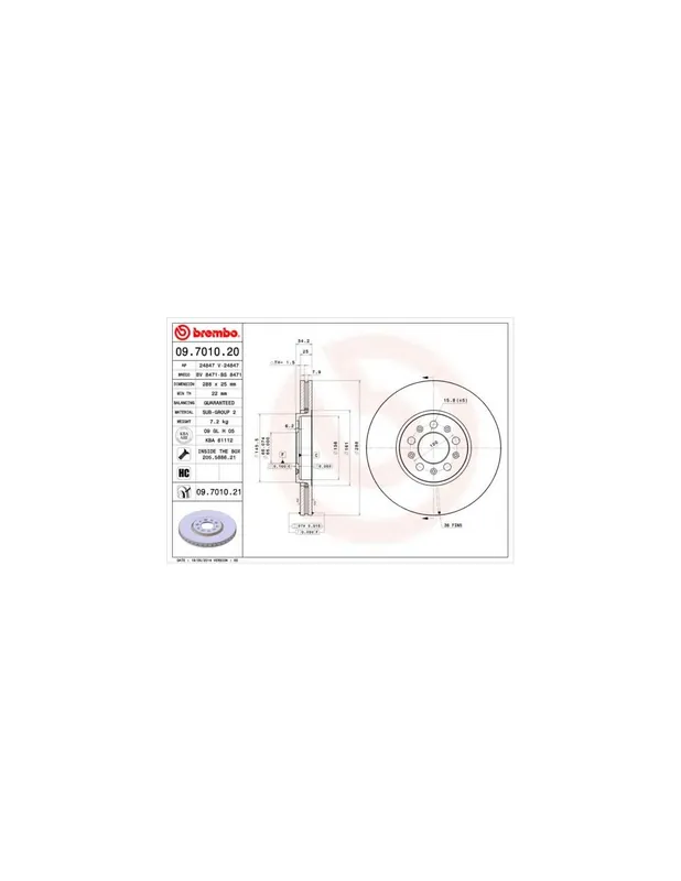 DISCO DE FRENO 2 UNID. X CAJA 09.7010.20 BREMBO - SKODA FABIA (6Y2) - Eje delantero Disponible Ahora