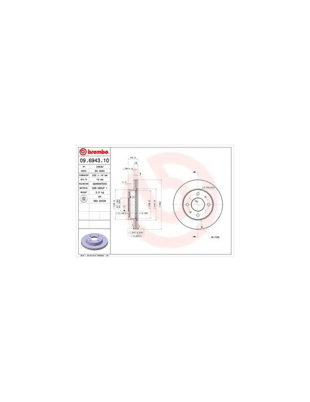 DISCO DE FRENO 2 UNID. X CAJA 09.6943.10 BREMBO - NISSAN PULSAR I Fastback (N15) - Eje delantero Marca Reconocida