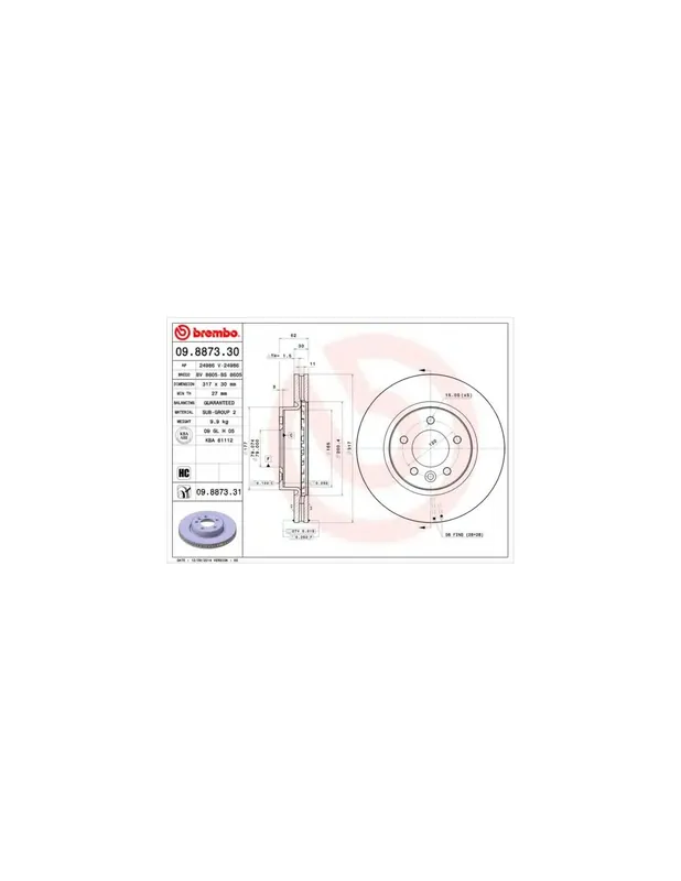 Certificado DISCO DE FRENO 1 UNID. X CAJA 09.8873.30 BREMBO - LAND ROVER LR4 IV (LA) - Eje delantero