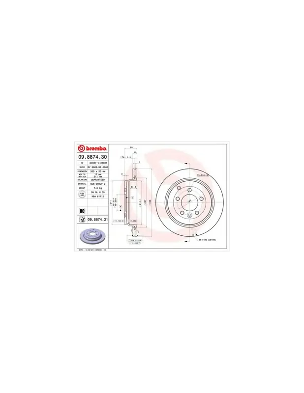 Certificado DISCO DE FRENO 2 UNID. X CAJA 09.8874.30 BREMBO - LAND ROVER LR4 IV (LA) - Eje trasero