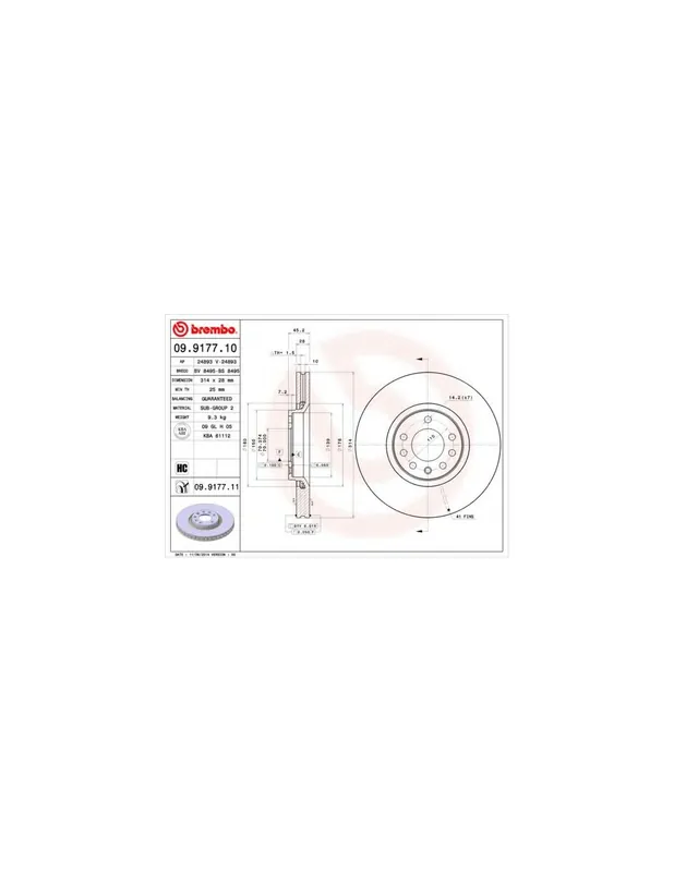Certificado DISCO DE FRENO 2 UNID. X CAJA 09.9177.10 BREMBO - SAAB 9-3X Ranchera familiar - Eje delantero