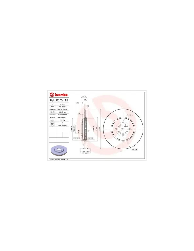 Certificado DISCO DE FRENO 2 UNID. X CAJA 09.A275.10 BREMBO - FORD FOCUS (DAW, DBW) - Eje delantero
