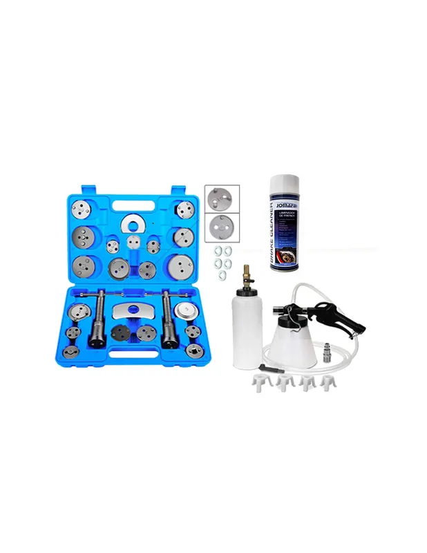 Oferta Flash KIT HERRAMIENTAS PARA FRENOS: REPOSICIONADOR PISTONES DE FRENOS 24+5 PIEZAS + SANGRADOR DE FRENOS + SPRAY LIMPIAFRENOS