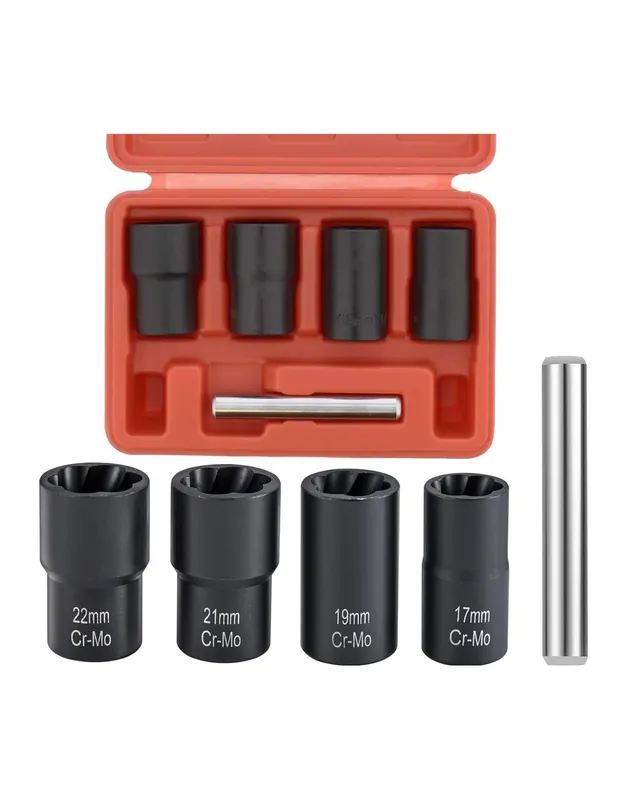 Juego de vasos para quitar tuercas y tornillos dañados y tornillos antirrobo ( Vasos Twist ) 17, 19, 21 y 22 mm, 5 piezas Precio Reducido