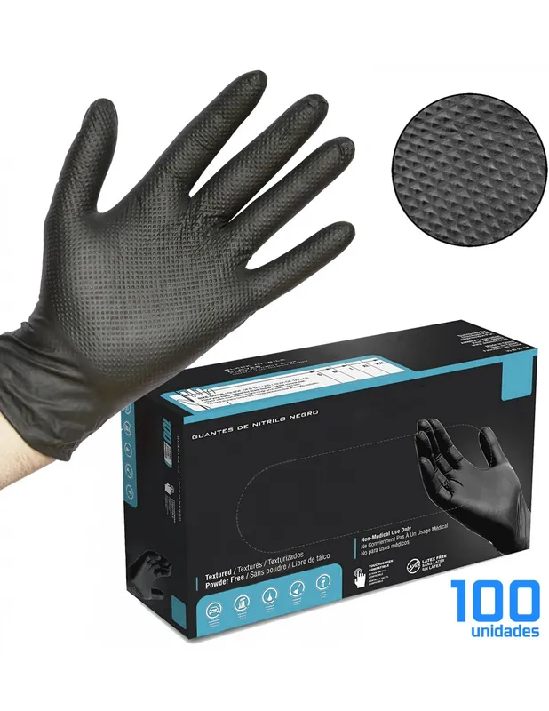 Alta Calidad Guantes de Nitrilo DIAMANTADOS GRIP Super resistentes Reutilizables NEGROS 7 micras / 8´5 gramos, pack de 100