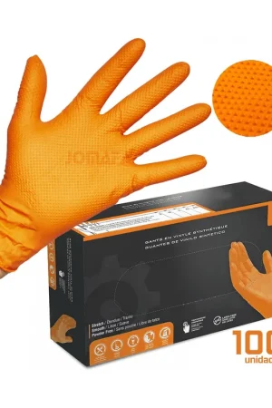 Solo Hoy Guantes de Nitrilo DIAMANTADOS GRIP Super resistentes Reutilizables NARANJAS 7 micras / 8´5 gramos, pack de 100 (90XL)