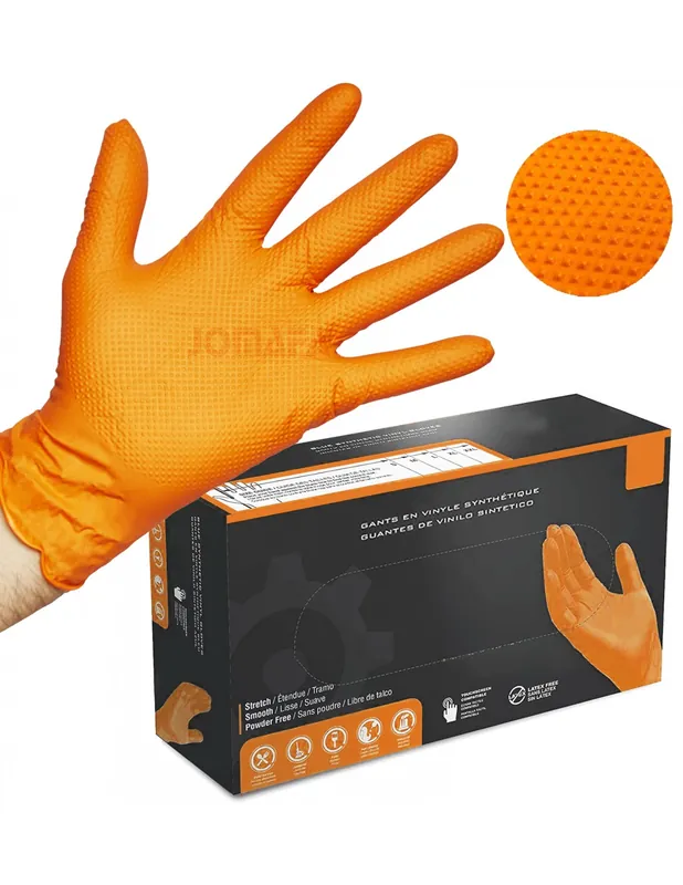 Guantes de Nitrilo DIAMANTADOS GRIP Super resistentes Reutilizables NARANJAS 8 micras / 9´9 gramos, pack de 50 Exclusivo