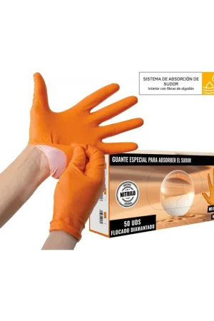 Guantes de Nitrilo DIAMANTADOS ABSORBE SUDOR GRIP Super resistentes Reutilizables NARANJAS 8 micras / 9´9 gramos, pack de 50 Nuevo Modelo